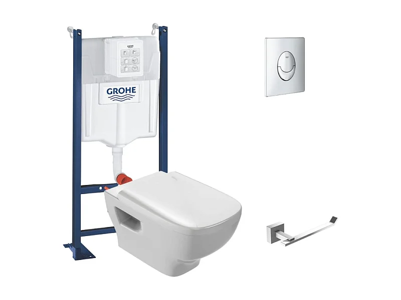 Pack WC suspendu sans bride JACOB DELAFON Struktura + Bati-support GROHE + plaque Start chrome + porte-rouleau carré