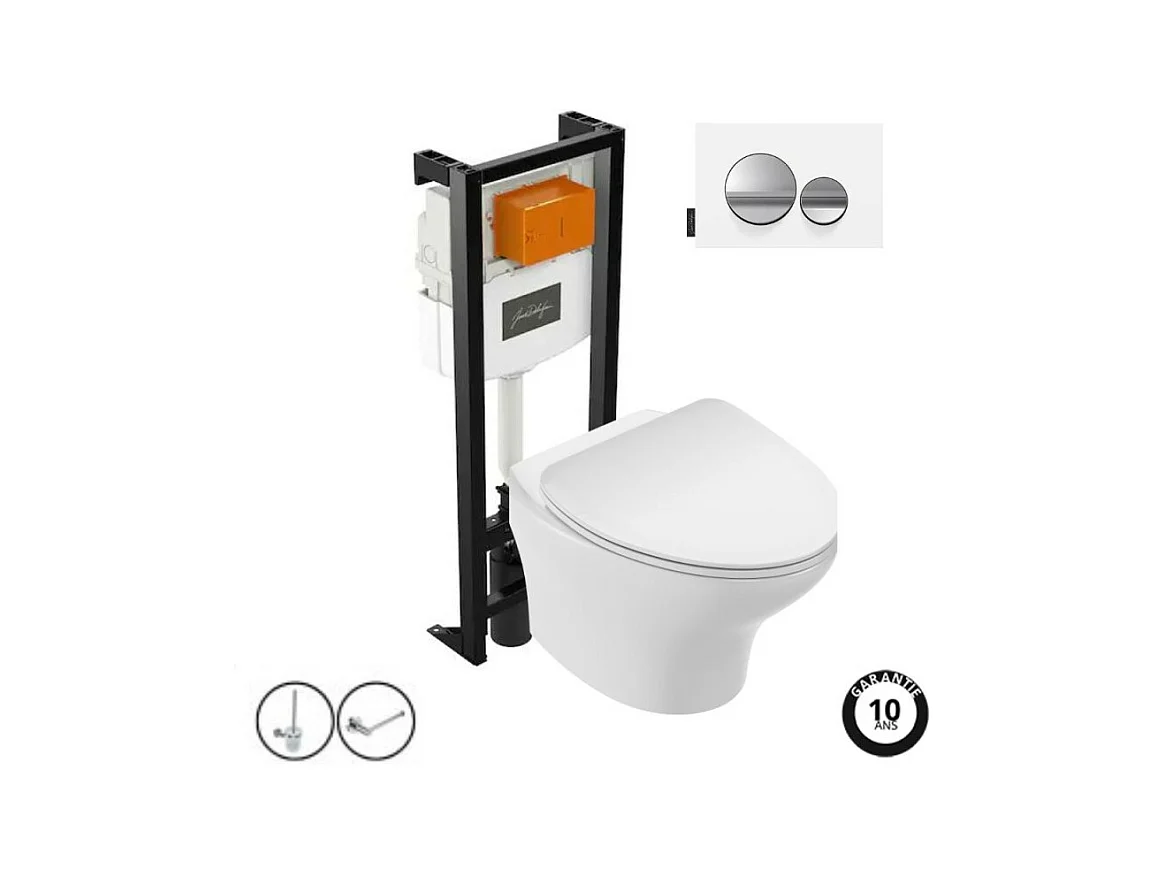 Pack WC suspendu sans bride JACOB DELAFON Nouvelle vague+ bâti-support + plaque Chrome brillant/Blanc mat + accessoires