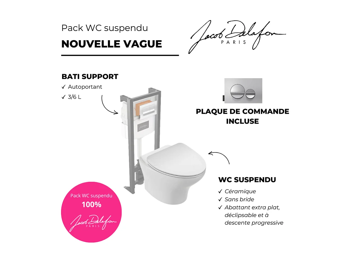 Pack WC suspendu sans bride JACOB DELAFON Nouvelle vague + bati support + plaque chromé brillant chromé mat