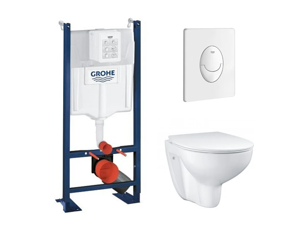 GROHE Pack WC sans bride Bau Ceramic avec abattant + Bâti support WC Rapid SL + plaque de commande blanche Start