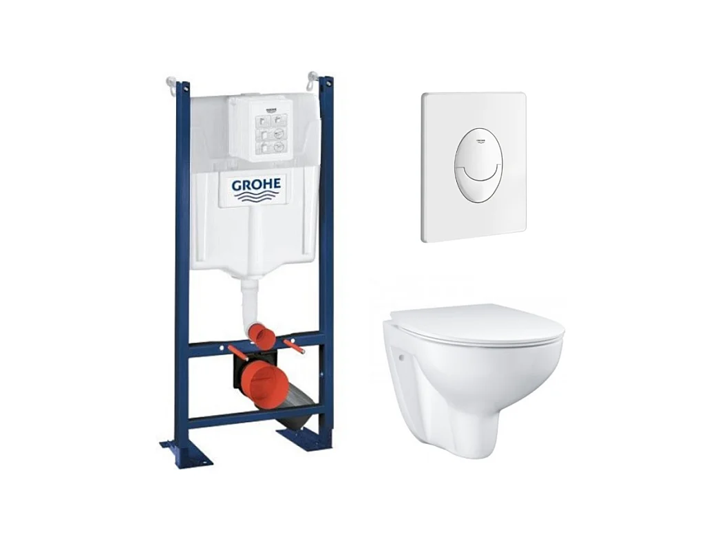 GROHE Pack WC sans bride Bau Ceramic avec abattant + Bâti support WC Rapid SL + plaque de commande blanche Start