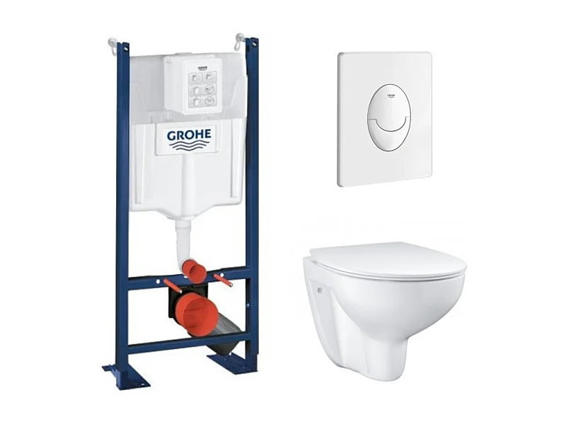 GROHE Pack WC sans bride Bau Ceramic avec abattant + Bâti support WC Rapid SL + plaque de commande blanche Start