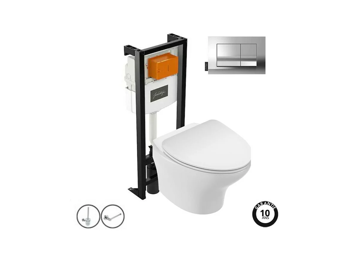 Pack WC suspendu sans bride JACOB DELAFON Nouvelle vague+ bâti-support + plaque Chrome + accessoires