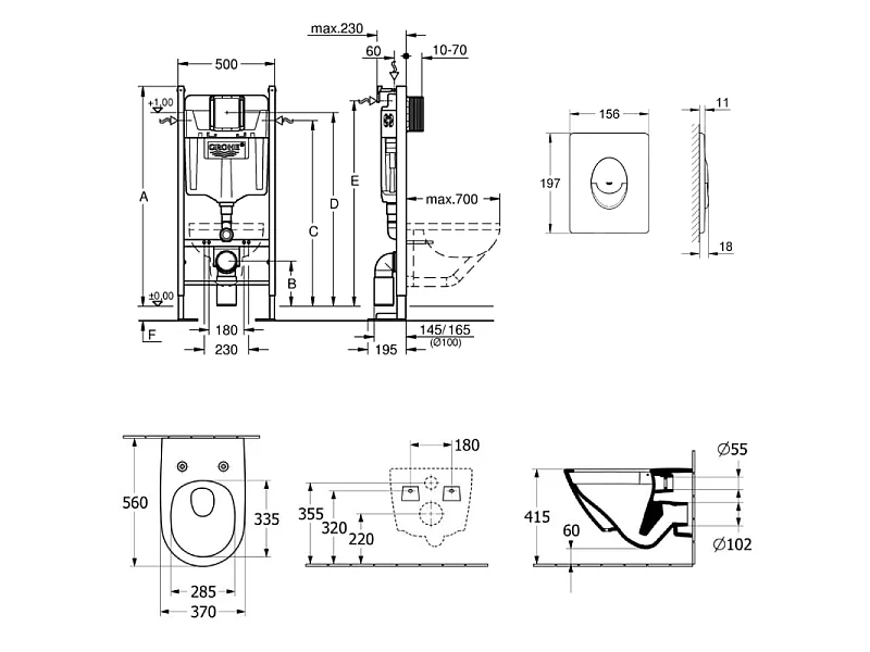 Lot WC modèle suspendu VILLEROY ET BOCH Universo TwistFlush blanc + bâti et plaque blanche GROHE