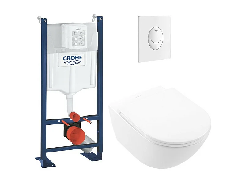 Lot WC modèle suspendu VILLEROY ET BOCH Universo TwistFlush blanc + bâti et plaque blanche GROHE