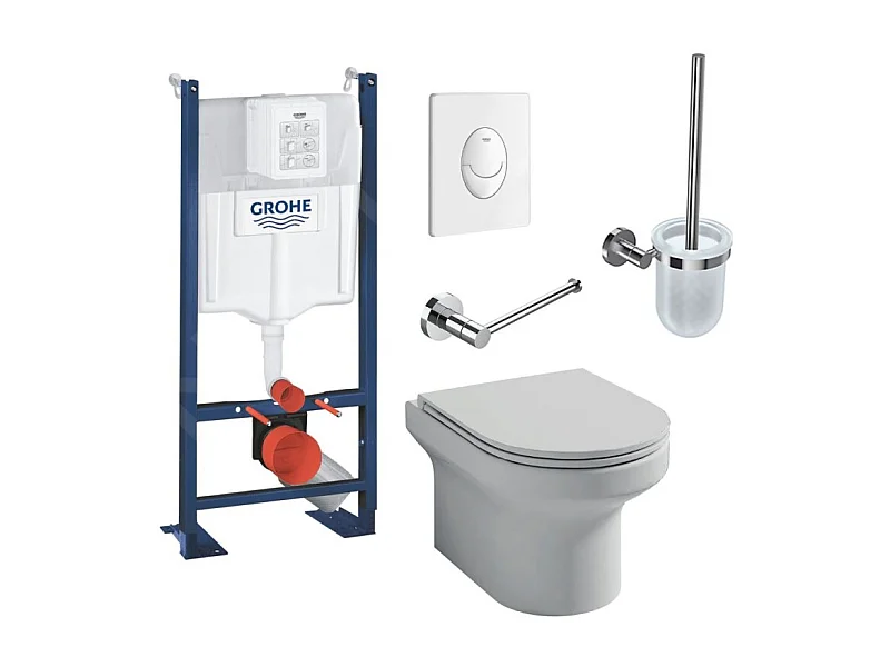 Pack WC suspendu sans bride JACOB DELAFON Elite + Bâti support GROHE RapidSL + plaque blanche + Porte-balai + Porte-rouleau