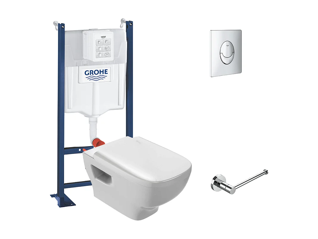 Pack WC suspendu sans bride JACOB DELAFON Struktura + Bati-support GROHE + plaque Start chrome + porte-rouleau rond