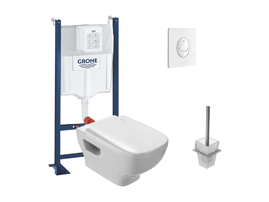 Pack WC suspendu sans bride JACOB DELAFON Struktura + Bati-support GROHE + plaque Start blanc + porte-balai carré