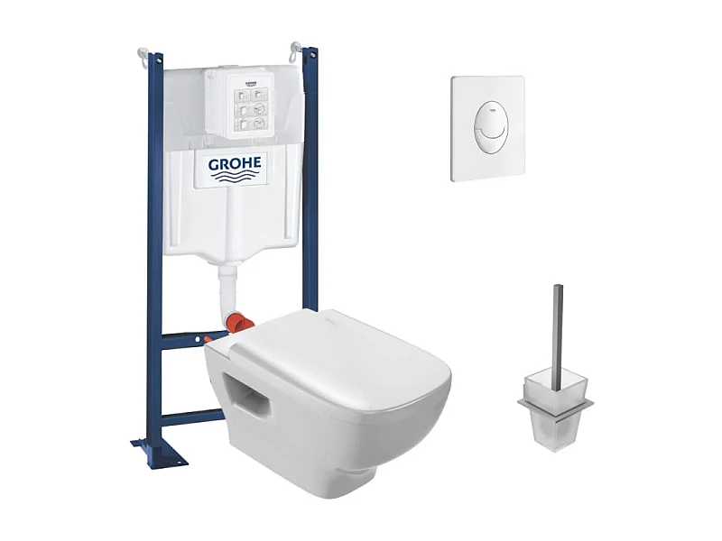 Pack WC suspendu sans bride JACOB DELAFON Struktura + Bati-support GROHE + plaque Start blanc + porte-balai carré