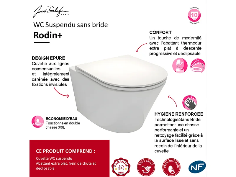 Cuvette WC suspendu sans bride JACOB DELAFON Rodin+ avec abattant
