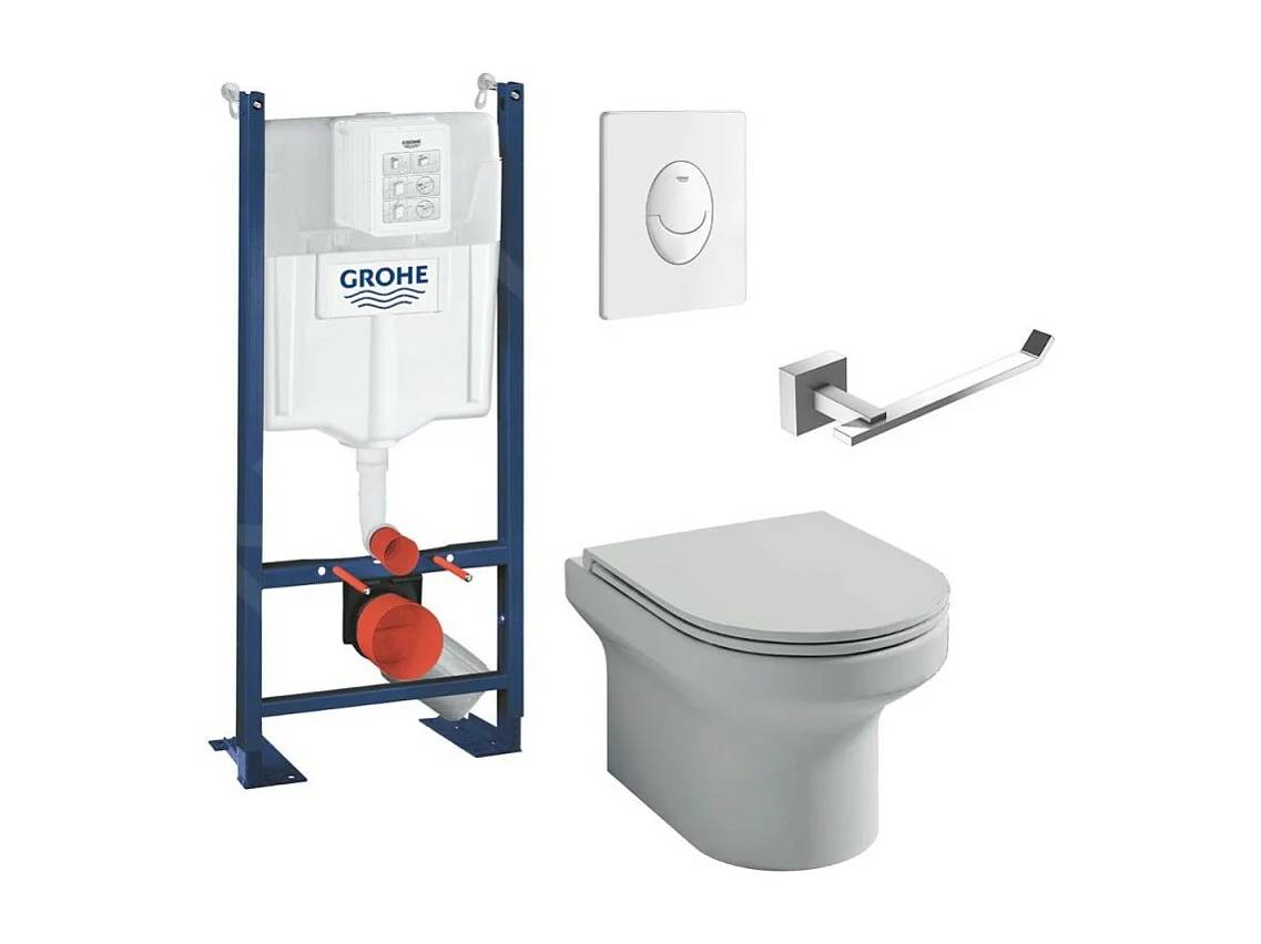 Pack WC suspendu sans bride JACOB DELAFON Elite + Bâti support GROHE RapidSL + plaque blanc + Porte-rouleau carré