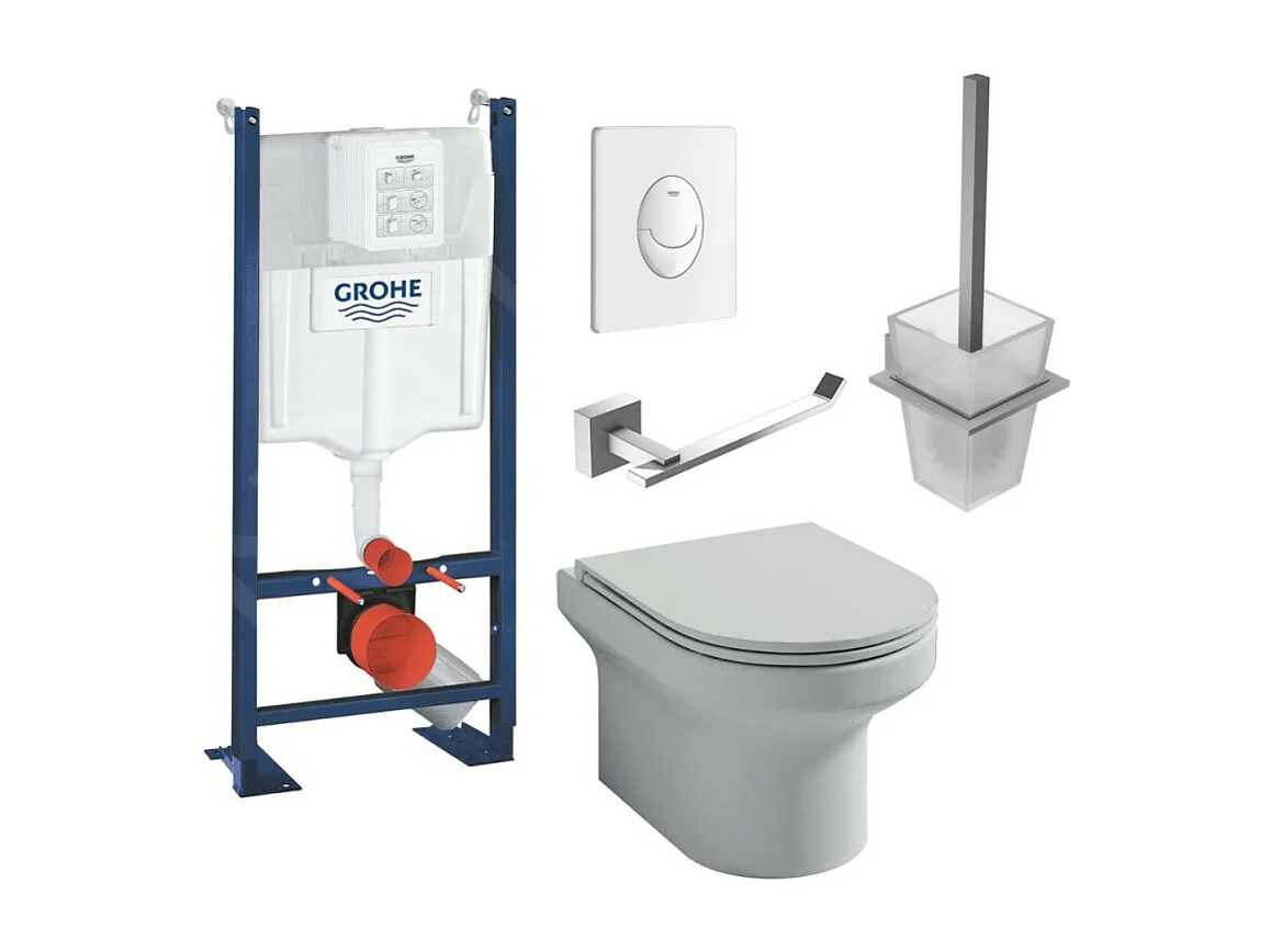 Pack WC suspendu sans bride  JACOB DELAFON Elite + Bâti support GROHE Rapid SL + plaque Quickfix + Porte-balai + Porte-rouleau