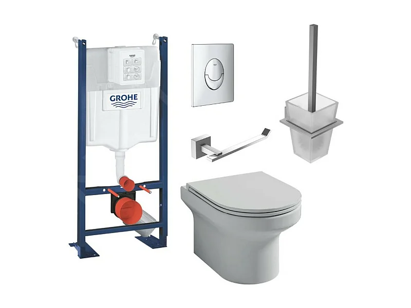 Pack WC suspendu sans bride Jacob Delafon  Elite abattant + Bâti support Grohe RapidSL + plaque chromé + accessoires carrés