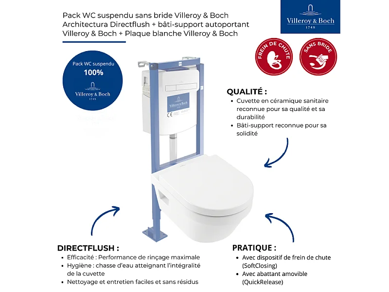 Pack WC suspendu sans bride VILLEROY ET BOCH Architectura directflush + abattant frein de chute + bâti-support autoportant + plaque blanche