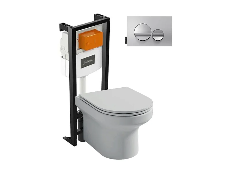 Pack WC suspendu sans bride  JACOB DELAFON Elite + bâti-support + plaque Chrome brillant/Chrome mat