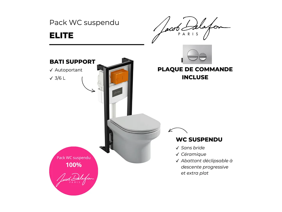 Pack WC suspendu sans bride  JACOB DELAFON Elite + bâti-support + plaque Chrome brillant/Chrome mat