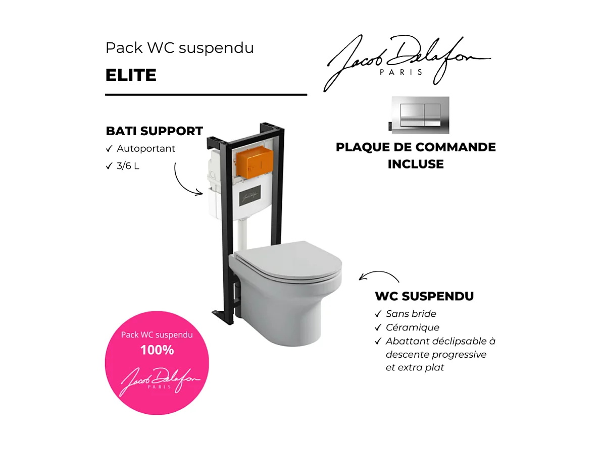 Pack WC suspendu sans bride  JACOB DELAFON Elite + bâti-support + plaque Chrome