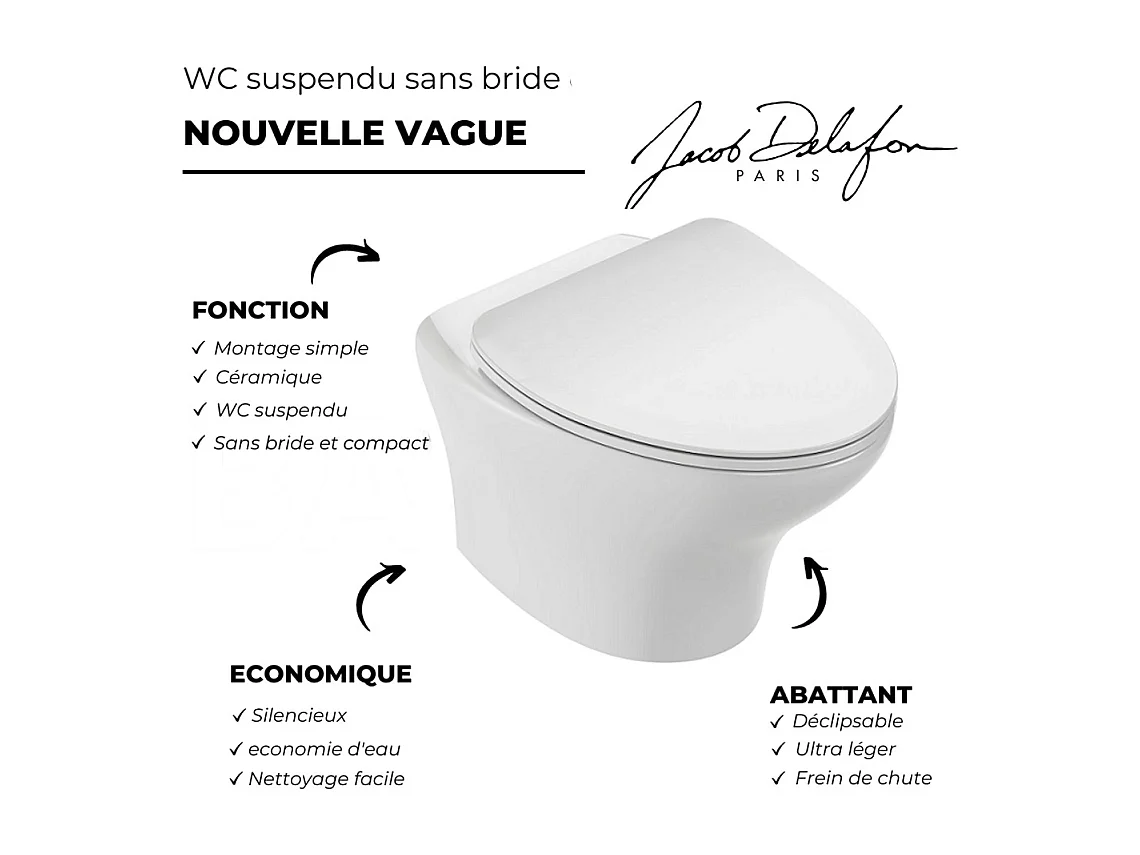 Pack WC suspendu sans bride JACOB DELAFON Nouvelle vague+ bâti-support + plaque Blanc brillant/Blanc mat + accessoires