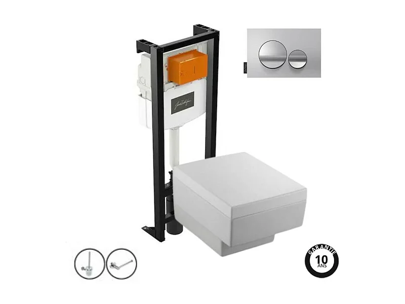Pack WC suspendu JACOB DELAFON Terrace+ bâti-support + plaque Chrome brillant/Chrome mat + accessoires