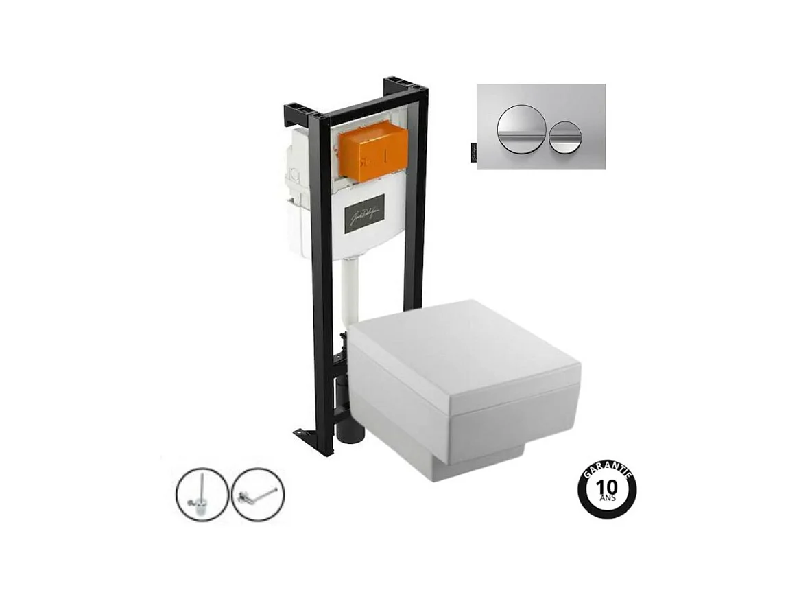Pack WC suspendu JACOB DELAFON Terrace+ bâti-support + plaque Chrome brillant/Chrome mat + accessoires