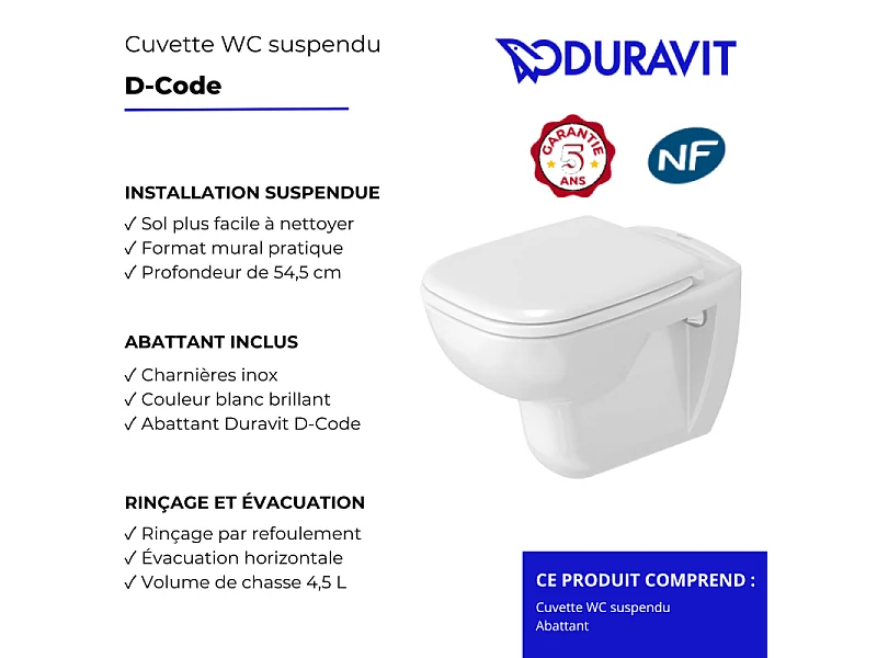 Cuvette WC suspendu DURAVIT D-Code avec abattant
