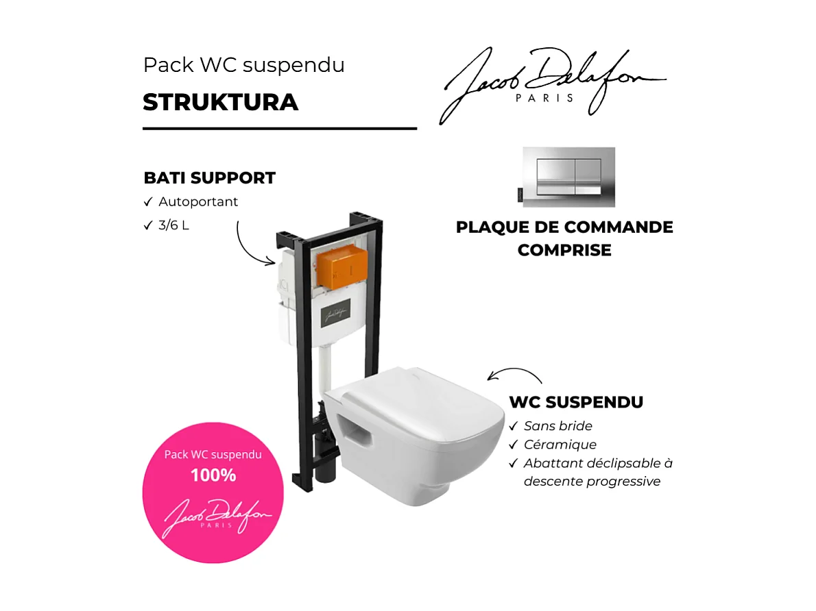 Pack WC suspendu sans bride JACOB DELAFON Struktura+ bâti-support + plaque Chrome
