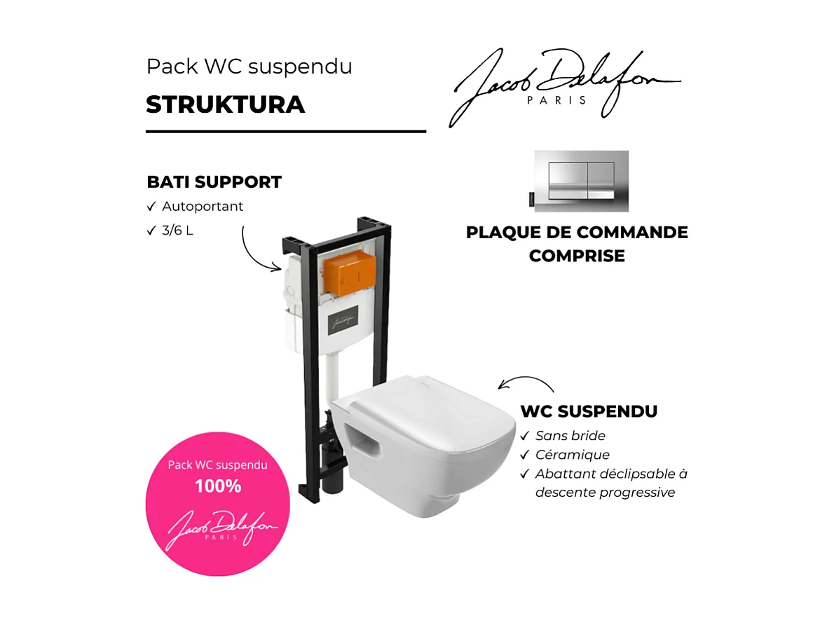 Pack WC suspendu sans bride JACOB DELAFON Struktura+ bâti-support + plaque Chrome