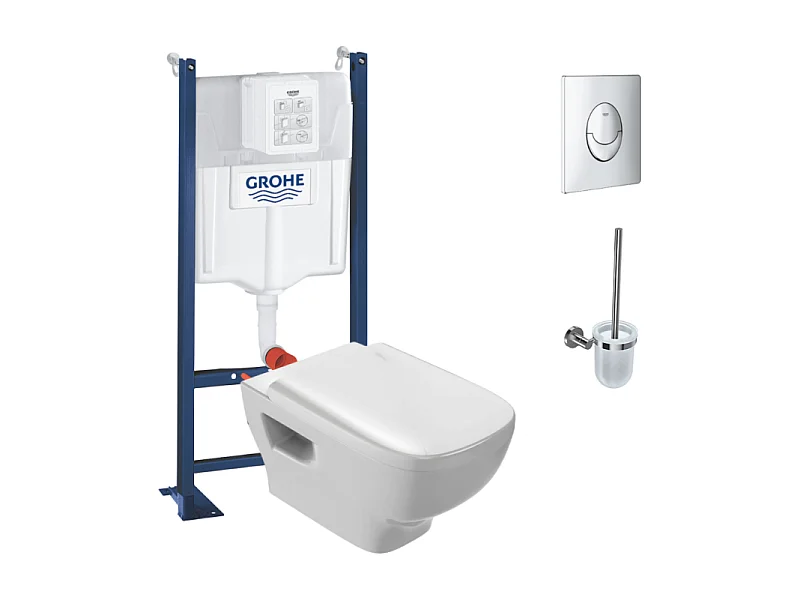 Pack WC suspendu sans bride JACOB DELAFON Struktura + Bati-support GROHE + plaque Start chrome + porte-balai rond