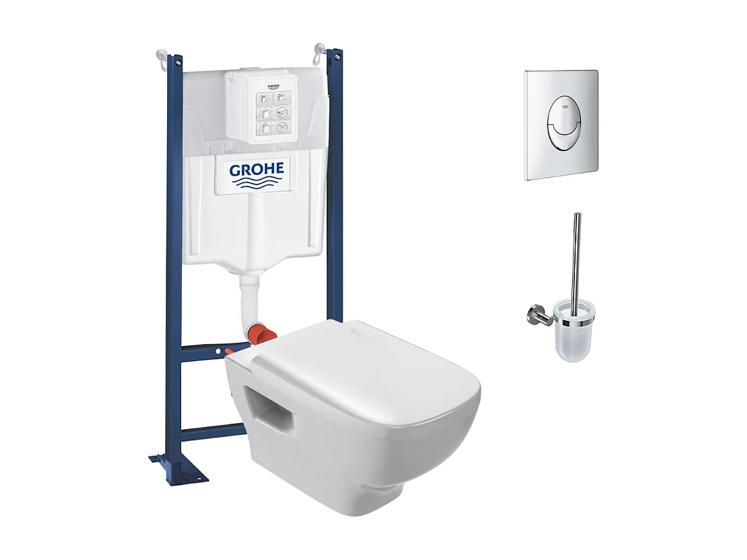 Pack WC suspendu sans bride JACOB DELAFON Struktura + Bati-support GROHE + plaque Start chrome + porte-balai rond