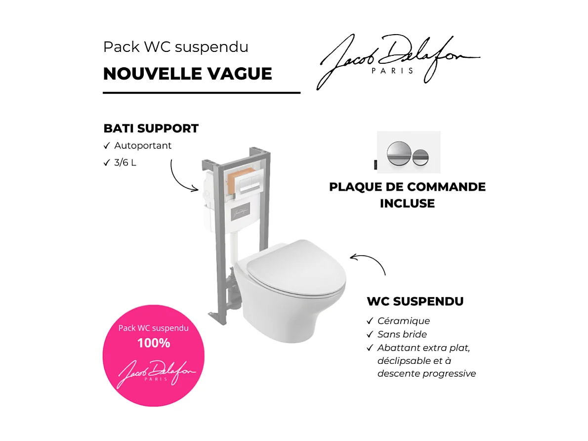 Pack WC suspendu sans bride JACOB DELAFON Nouvelle vague + bati support + plaque chromé brillant blanc mat