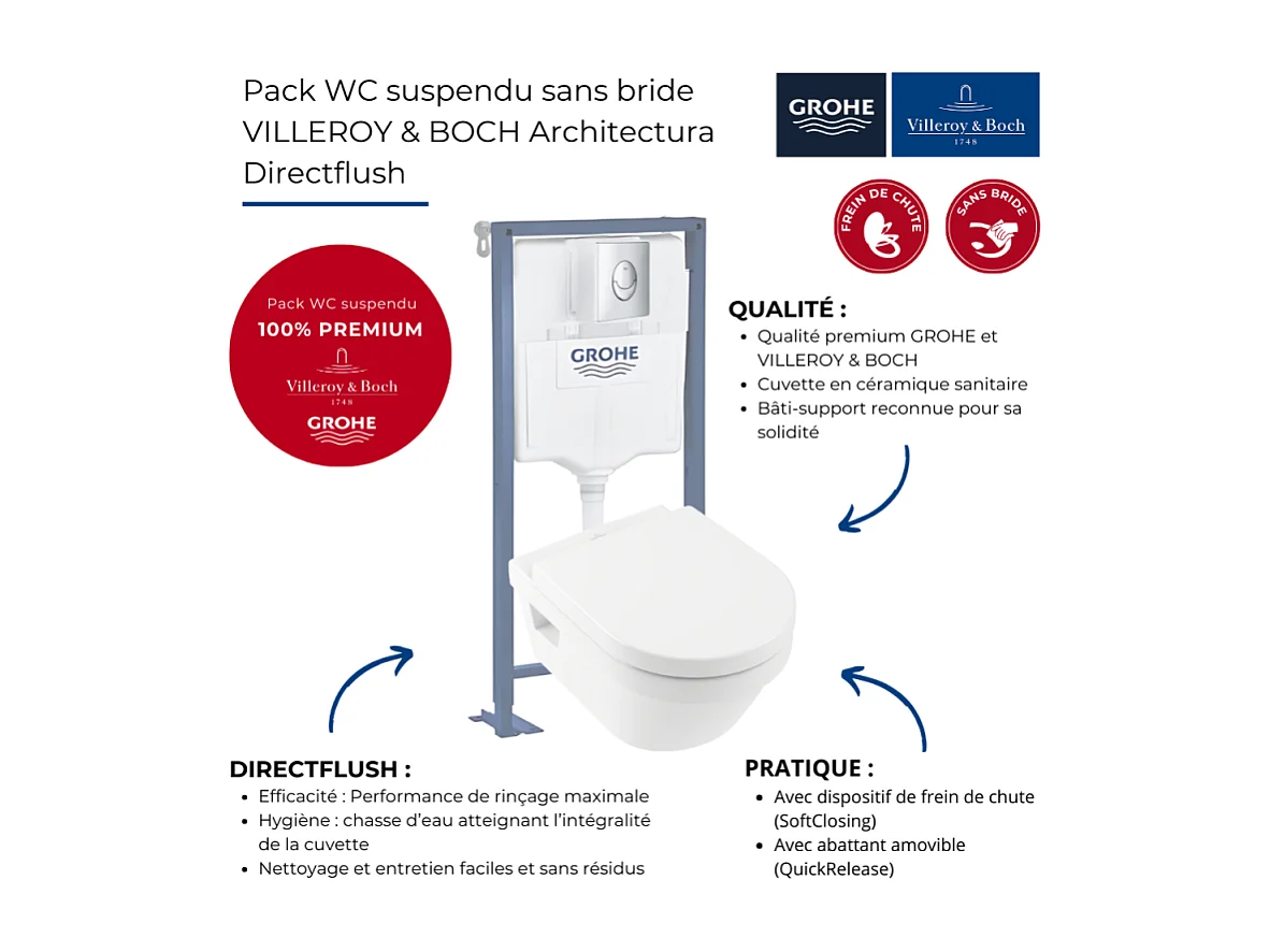 Pack WC suspendu sans bride VILLEROY ET BOCH Architectura Directflush+ abattant frein de chute + bâti-support GROHE Solido + plaque chromée