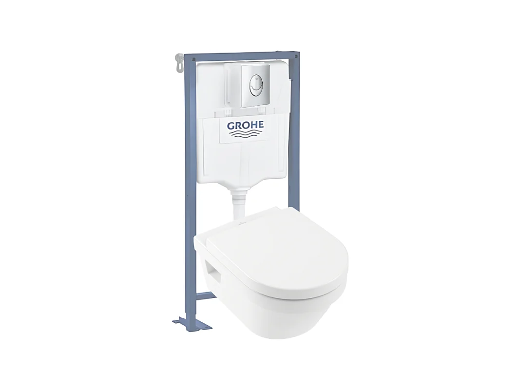 Pack WC suspendu sans bride VILLEROY ET BOCH Architectura Directflush+ abattant frein de chute + bâti-support GROHE Solido + plaque chromée