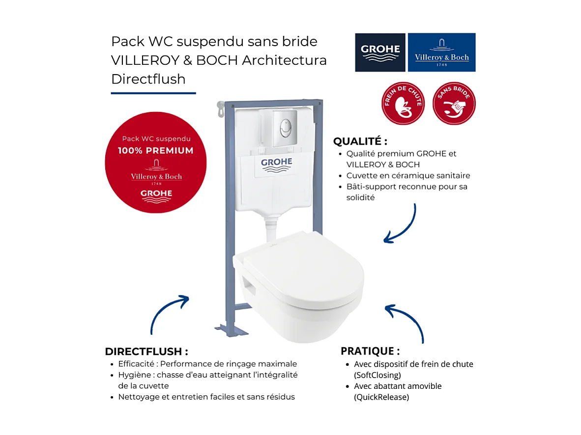Pack WC suspendu sans bride VILLEROY ET BOCH Architectura Directflush+ abattant frein de chute + bâti-support GROHE Solido + plaque chromée