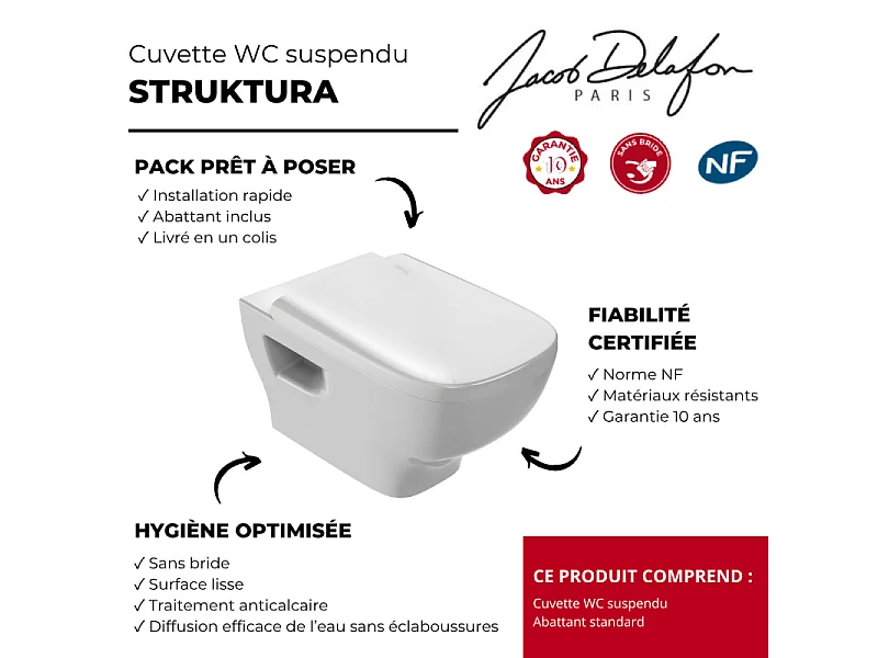 Cuvette WC suspendu sans bride JACOB DELAFON Struktura avec abattant