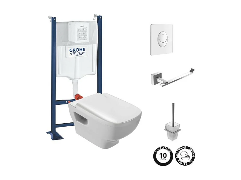 Pack WC suspendu sans bride JACOB DELAFON Struktura + Bati-support GROHE + plaque Start blanc + porte-balai + porte-rouleau carré