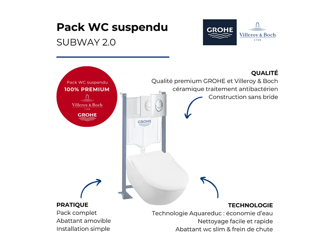 Pack wc suspendu sans bride VILLEROY ET BOCH Subway 2.0 + abattant + plaque chromée + bâti Grohe