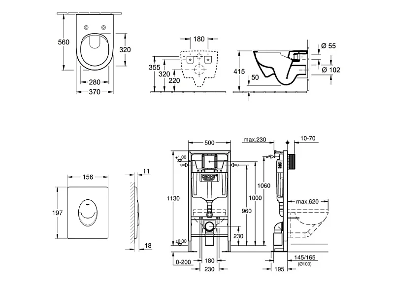 Pack wc suspendu sans bride VILLEROY ET BOCH Subway 2.0 + abattant + plaque chromée + bâti Grohe