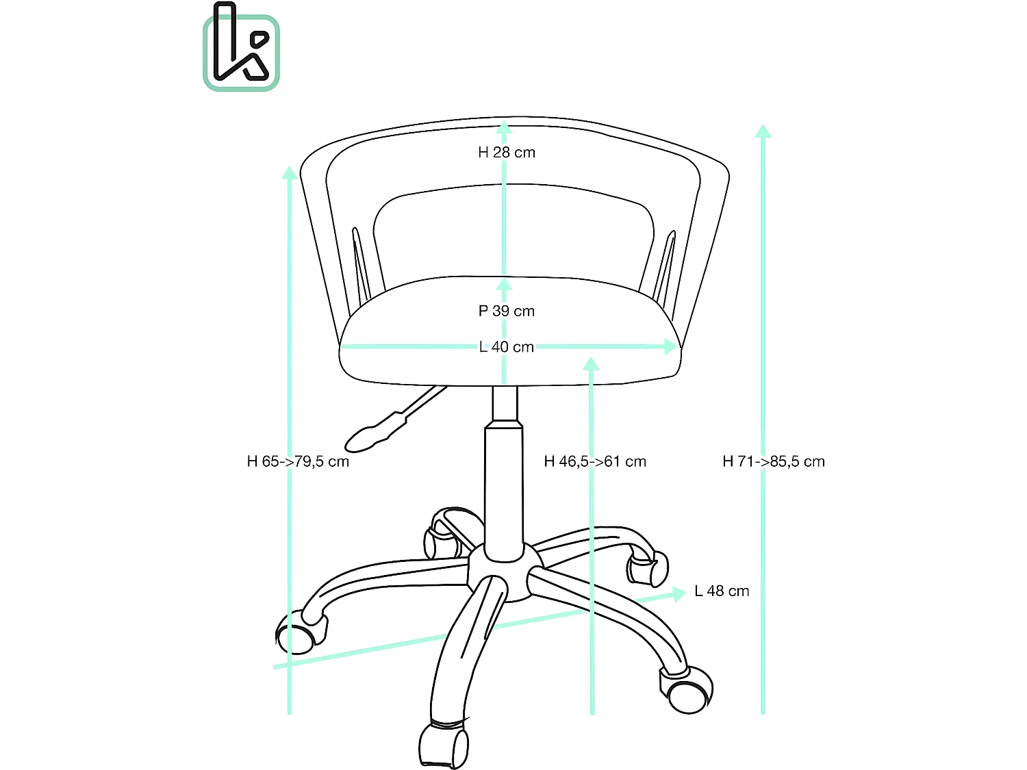 Chaise bureau roulettes accoudoir assise rembourée hauteur réglable pivotant AYA (noir)