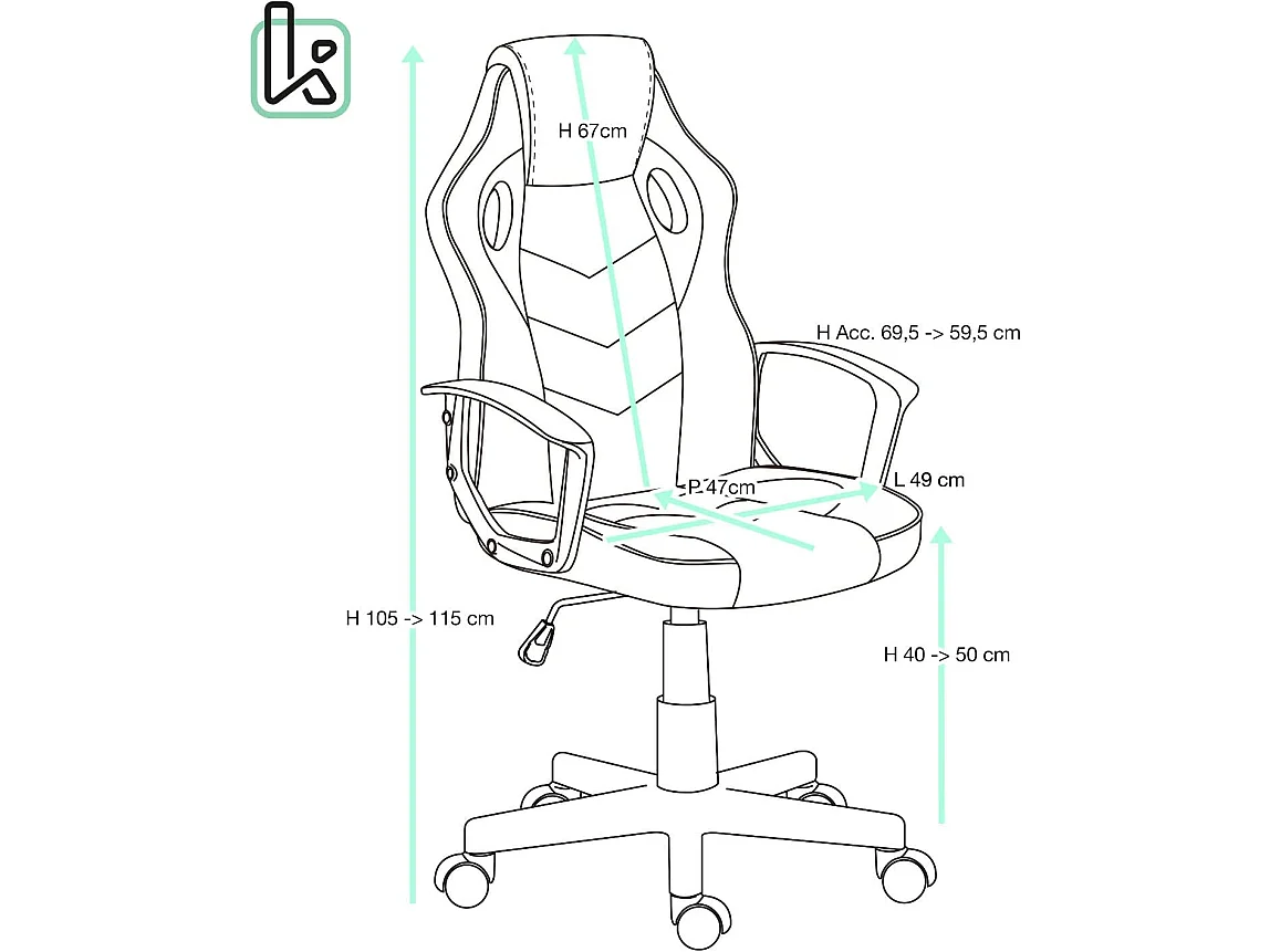 Chaise gaming SENA, Style racing, dossier inclinable, pivotant (noir vert)