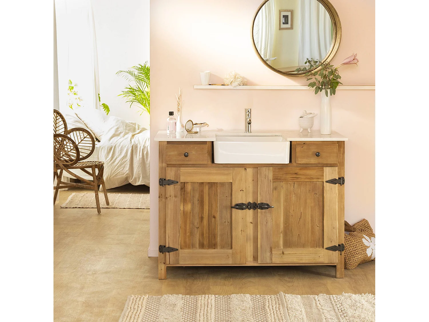 Meuble sous vasque en bois recyclé et marbre Ava