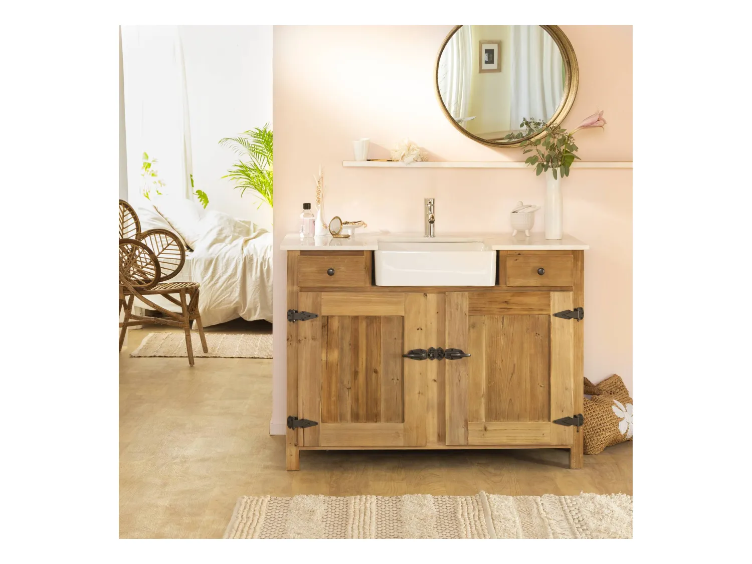 Mueble bajo lavabo de madera reciclada y mármol Ava con prácticos almacenamientos