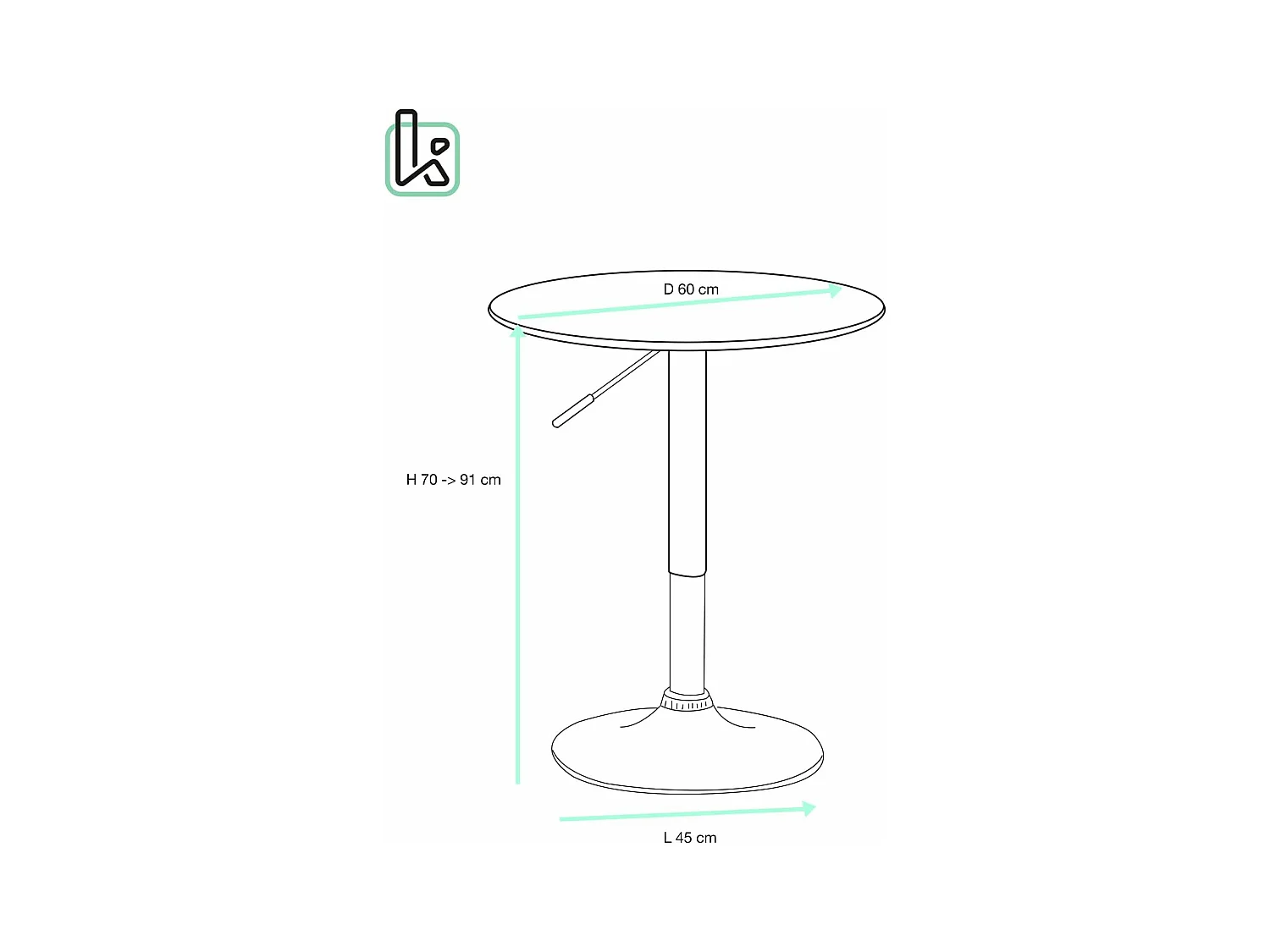 Table de Bar Haute Ø60 cm – Mange Debout hauteur réglable et Pivotant SETI (Noir-intégral)