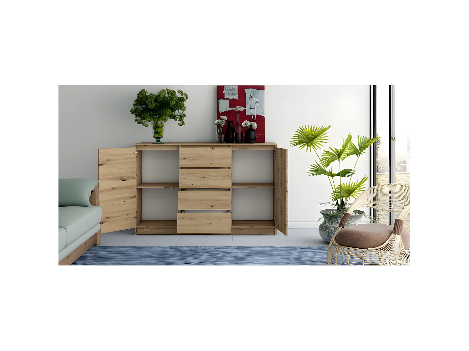 PARME 140 - Cómoda  espaciosa moderna 97x140x40 cm - 2 puertas + 4 cajones - Mueble de almacenaje para dormitorio sala de estar habitación infantil