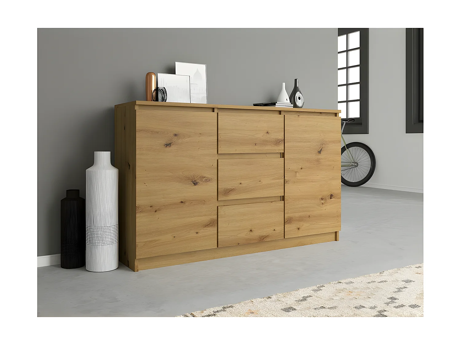 CAZAR | Cómoda  moderna 2 puertas + 3 cajones dormitorio / salón / oficina | Dimensiones: 75x120x40 | Diseño minimalista | Mobiliario funcional