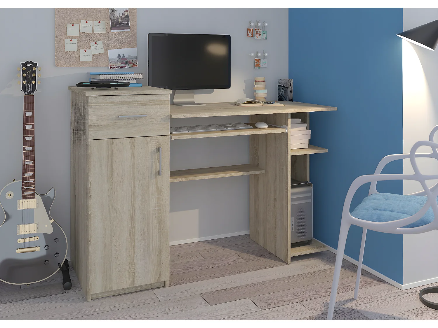 BERGEN | Bureau moderne informatique d'ordinateur 120x50x76 | Support clavier/Tablette PC/Tiroir/Porte | Mobilier bureau