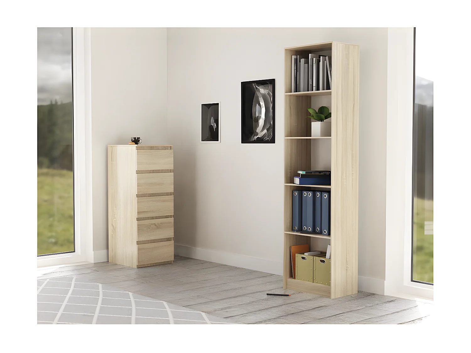 KAFFI - Bibliothèque style scandinave salon - 50x30x181 - 5 tablettes - Étagère à livres