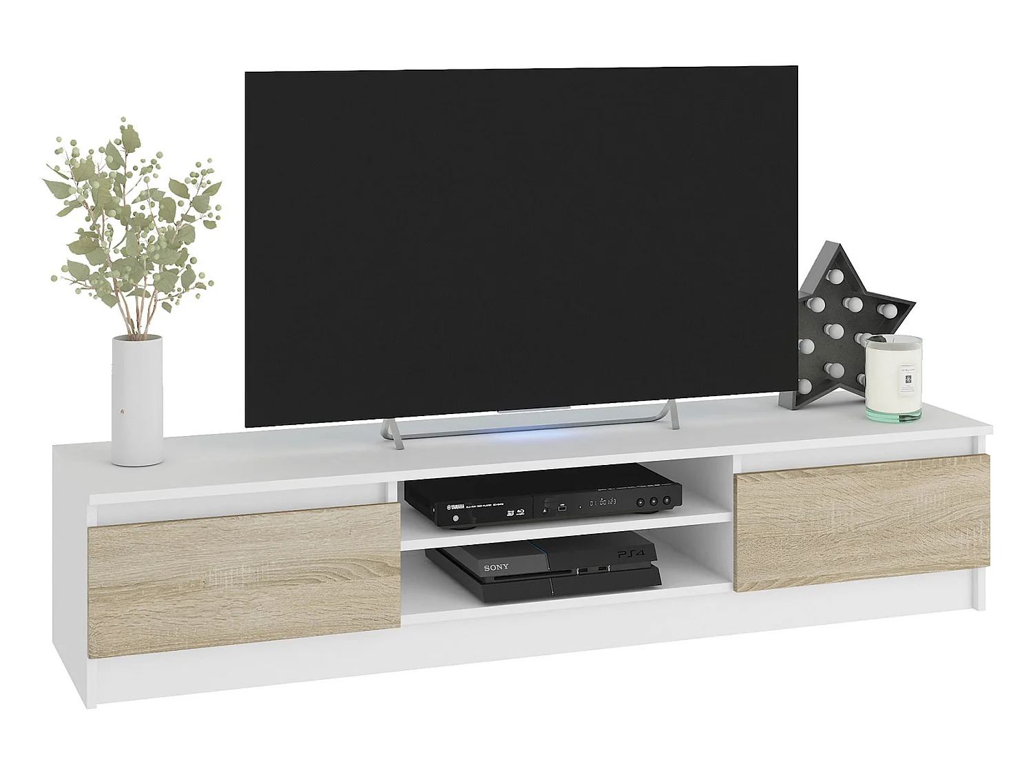 ROBIN | Meuble bas TV contemporain salon/séjour 160x33x40cm | 2 niches + 2 portes | Rangement matériel audio/video/gaming