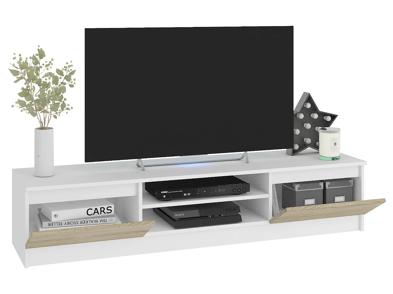 ROBIN | Meuble bas TV contemporain salon/séjour 160x33x40cm | 2 niches + 2 portes | Rangement matériel audio/video/gaming