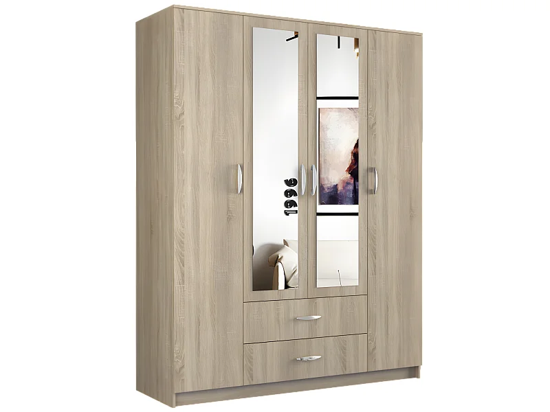 ROMA | Grande Armoire chambre bureau 205x160x52 cm | Penderie | 2 portes | 2 Miroirs | 2 tiroirs | Meuble de rangement