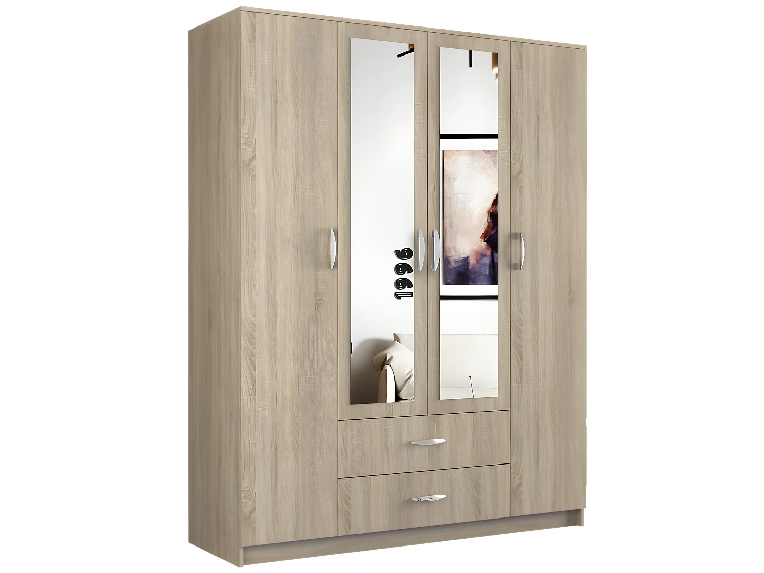 ROMA | Grande Armoire chambre bureau 205x160x52 cm | Penderie | 2 portes | 2 Miroirs | 2 tiroirs | Meuble de rangement